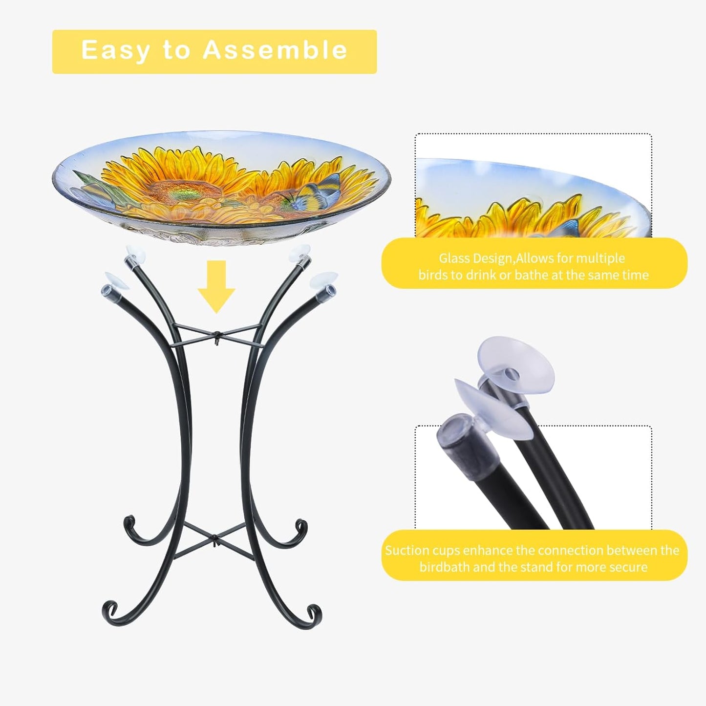VCUTEKA Bird Baths for Outdoors, Glass Bird Bath with Metal Standing for Garden, Yards Patio Décor, Bird Lovers Gift, Sunflower Glass Birdbath Detachable (22" H * 18" W)