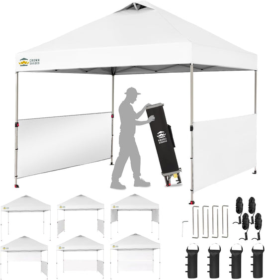 CROWN SHADES 10x10 Pop up Canopy Tent Instant Canopy with 150D Silver Coated Fabric Including 2 Half Sidewalls, 4 Ropes, 8 Stakes, 4 Weight Bags, STO 'N Go Bag, White