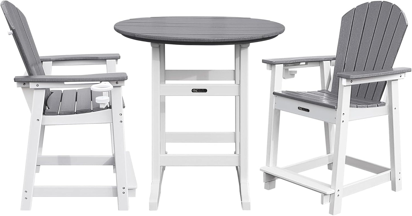 Tall Adirondack Chairs Patio Bar Tables Set of 3, Weather Resistant HDPE 35" Round Outdoor Bar Adirondack Barstools Plastic Height Table Pub, for Garden, Backyard, Yard, Pool, Fire, Pit (Grey)