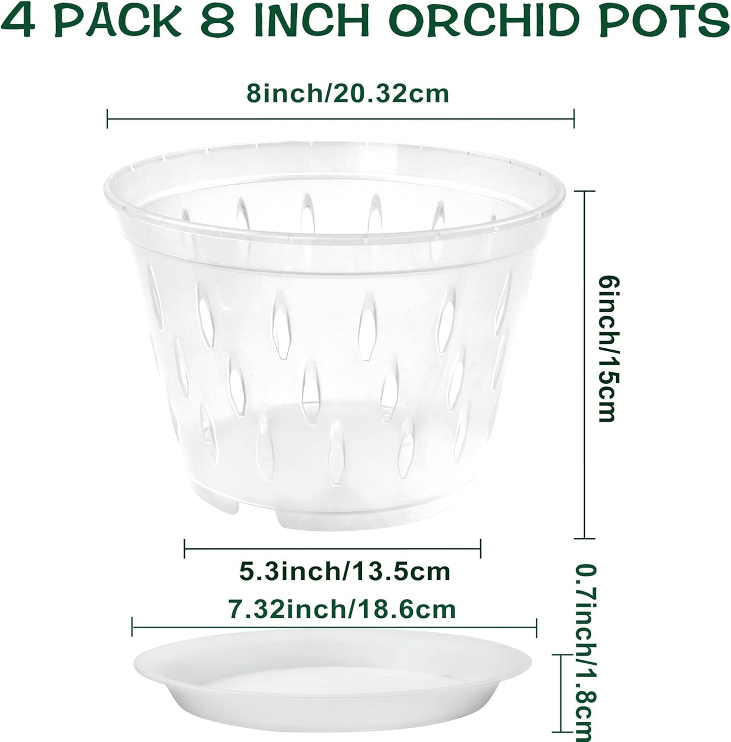 Orchid Pot, 8 Inch 4 Pack Orchid Pots with Holes and Saucers, Clear Plastic Orchid Pots
