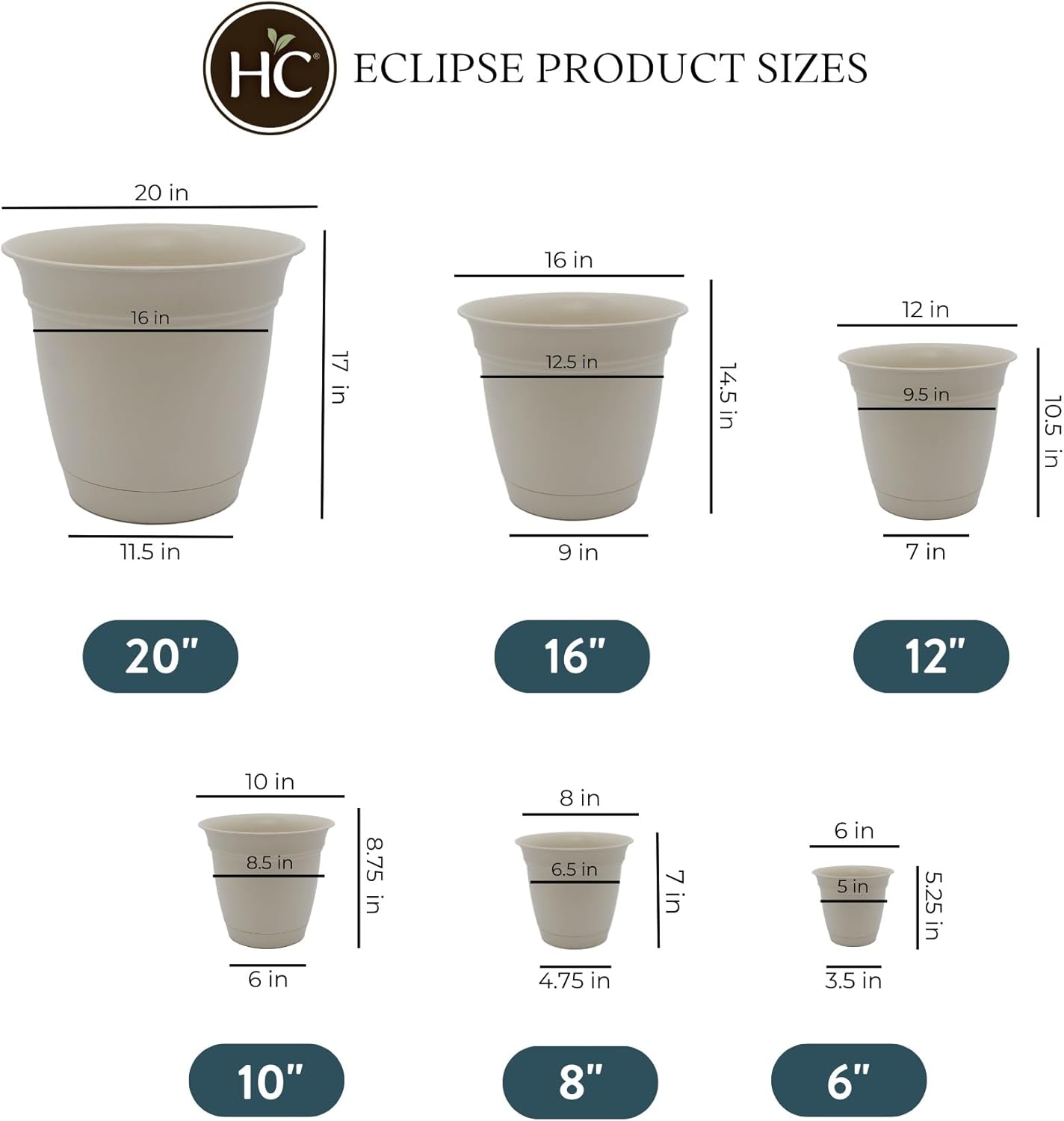 The HC Companies Eclipse Round Planter with Saucer - Outdoor & Indoor Plant Pot with Drainage Holes - Lightweight, UV-Resistant Plastic Pots for Plants, Flowers & Herbs (8" Cottage Stone, Pack of 1)