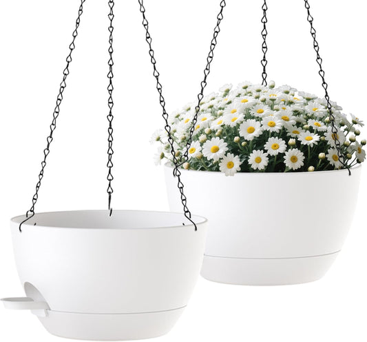2 Pack Hanging Planters for Indoor Outdoor Plants, 12Inch Self Watering Hanging Pot with Drainage Holes and Saucer, Plastic Plant Pots, White Flower Pots for Kitchen, Balcony, Garden