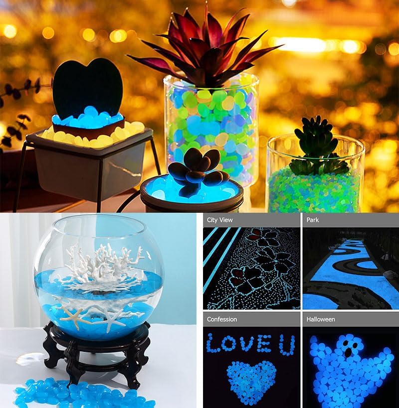 Glow in The Dark Stones 1000 Pcs Glow Pebbles Aquarium Rocks Blue Stones for Fish Tank Lawn Yard Garden Walkway Plant Pots