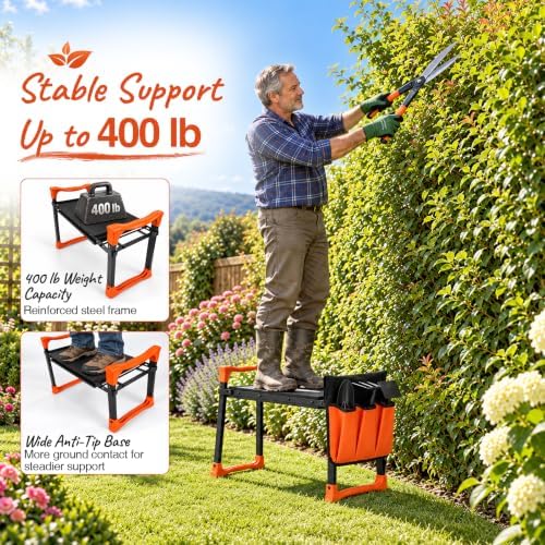 Foldable Garden Kneeler and Seat, 400 lb Capacity, 2 Tool Pouches