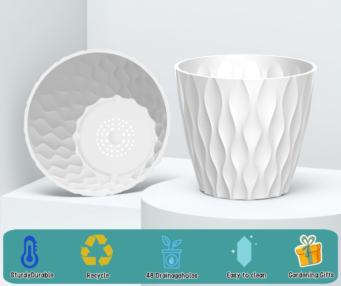 6 Pack 7 Inch Plant Pots with Drainage and Saucers, White Plastic Flower Pots for Indoor and Outdoor Plants, Stackable Nursery Planters for Houseplants and Herbs, White