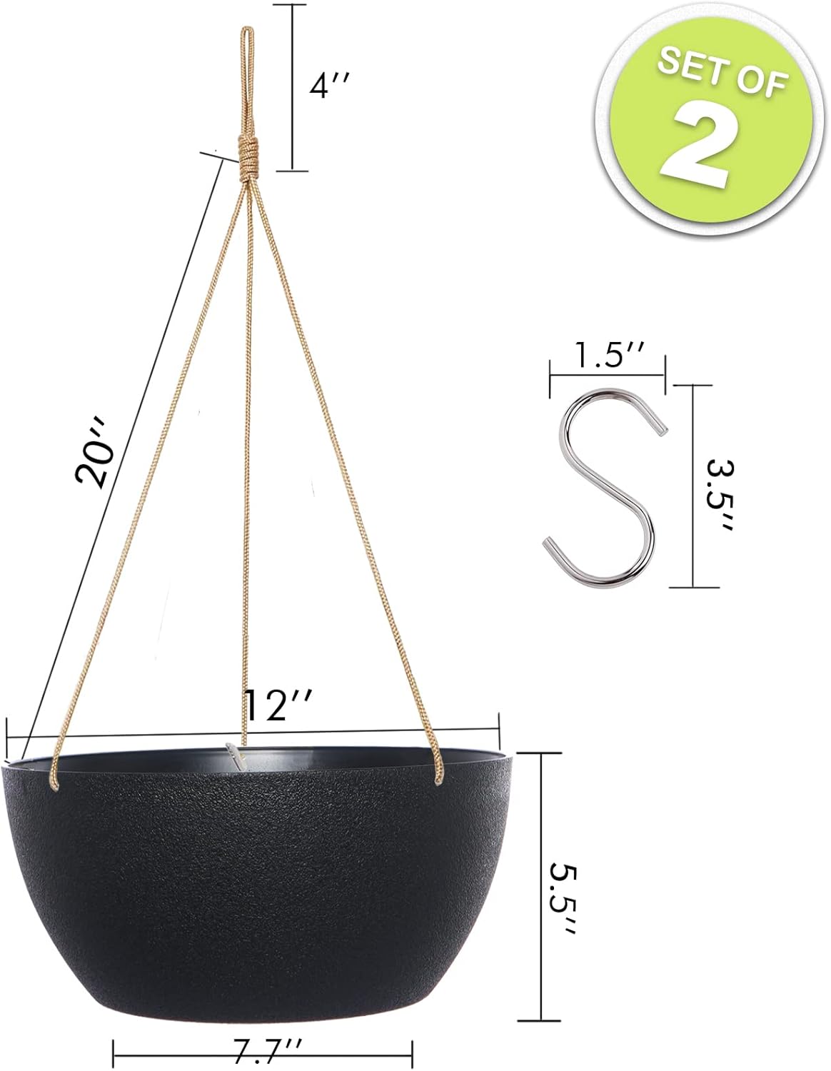 12 Inch 2 Pack Large Hanging Planters for Indoor Outdoor Plants, Plastic Hanging Basket Pots for House Plants Flowers, Black