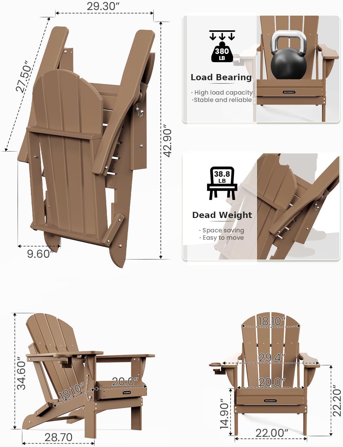 MUCHENGHY Folding Adirondack Chairs 4 Pack, Patio Chairs, Lawn Chairs, Outdoor Chairs, Adirondack Chair Plastic, Fire Pit Chairs, Weather Resistant with Cup Holder for Deck, Backyard, Garden(Teak)