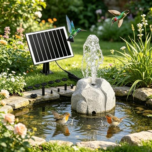 Solar Fountain for Bird Bath Outdoor Garden, Solar Powered Water Fountain Pump with 10 Nozzles, Resin Granite Rock Birdbath Bubbler for Small Pond, Hummingbird Bath, Patio Decor (Gray)