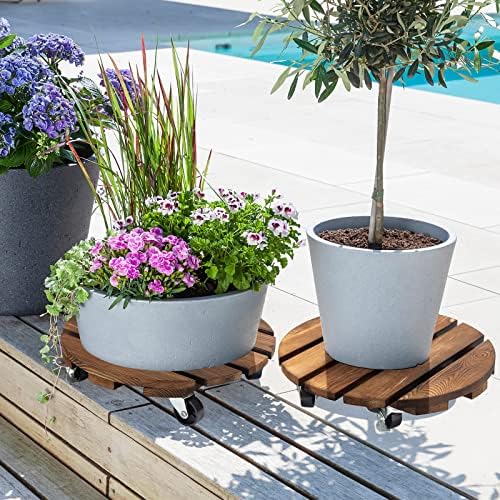 2pack Plant Caddy 12’’Wood Duty Rolling Plant Stand with 2 360° Lockable Caster Wheels,Indoor Outdoor on Roller Patio/Flower Pot/Succulent Pots