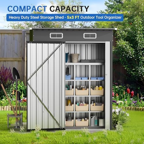 5x2.5 FT Vertical Metal Storage Shed, Lockable Outdoor Garden Tool Shed with Sloped Roof, Heavy-Duty Steel Utility Shed for Patio Backyard(Black)