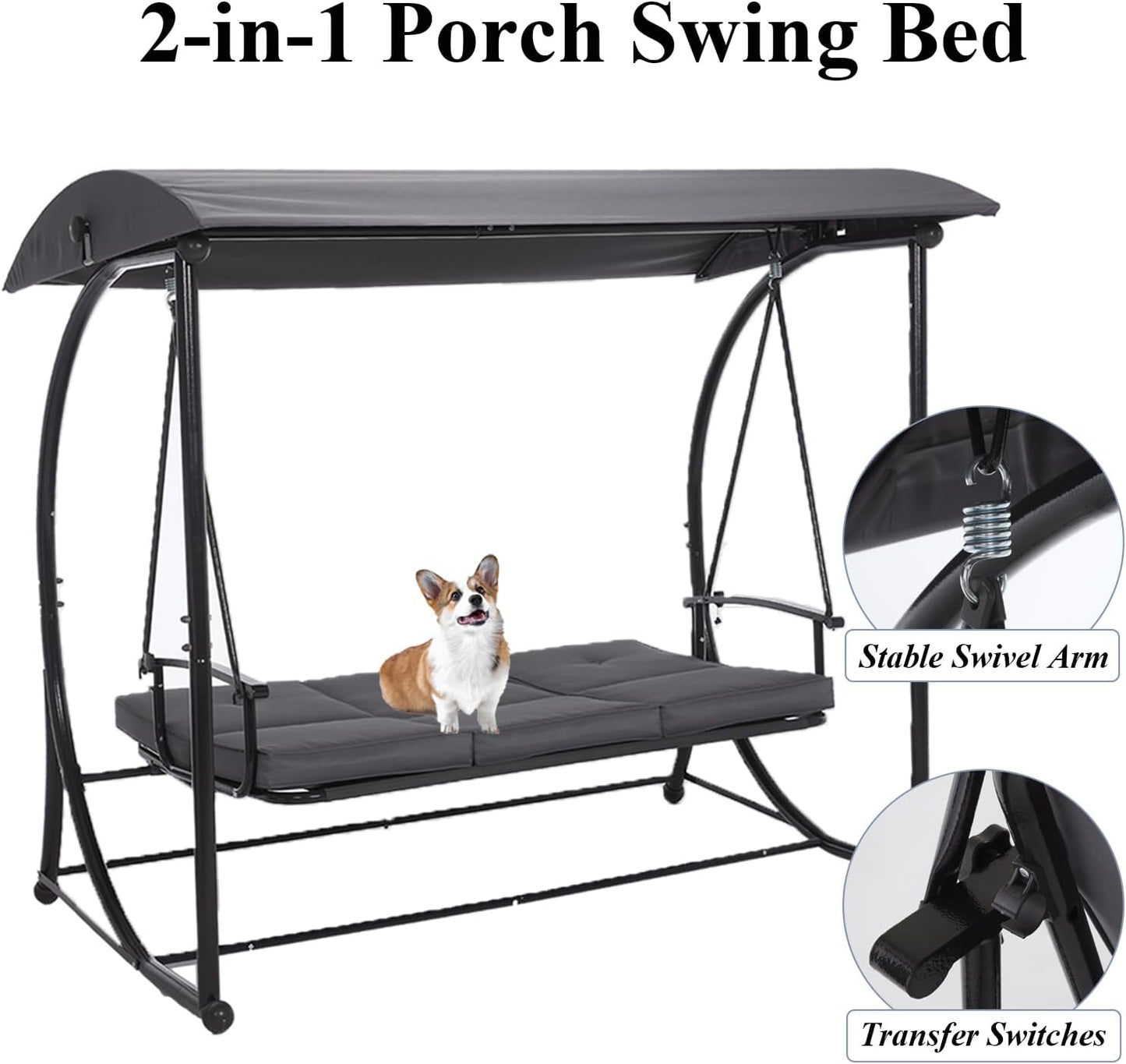 Patio Swing with Canopy, Outdoor Swinging Bench with Stand, Backyard Swings for Adults, 2 in 1 Porch Swing Bed, Outdoor Patio Swings,Yard Heavy Duty Covered Patio Swing, Grey