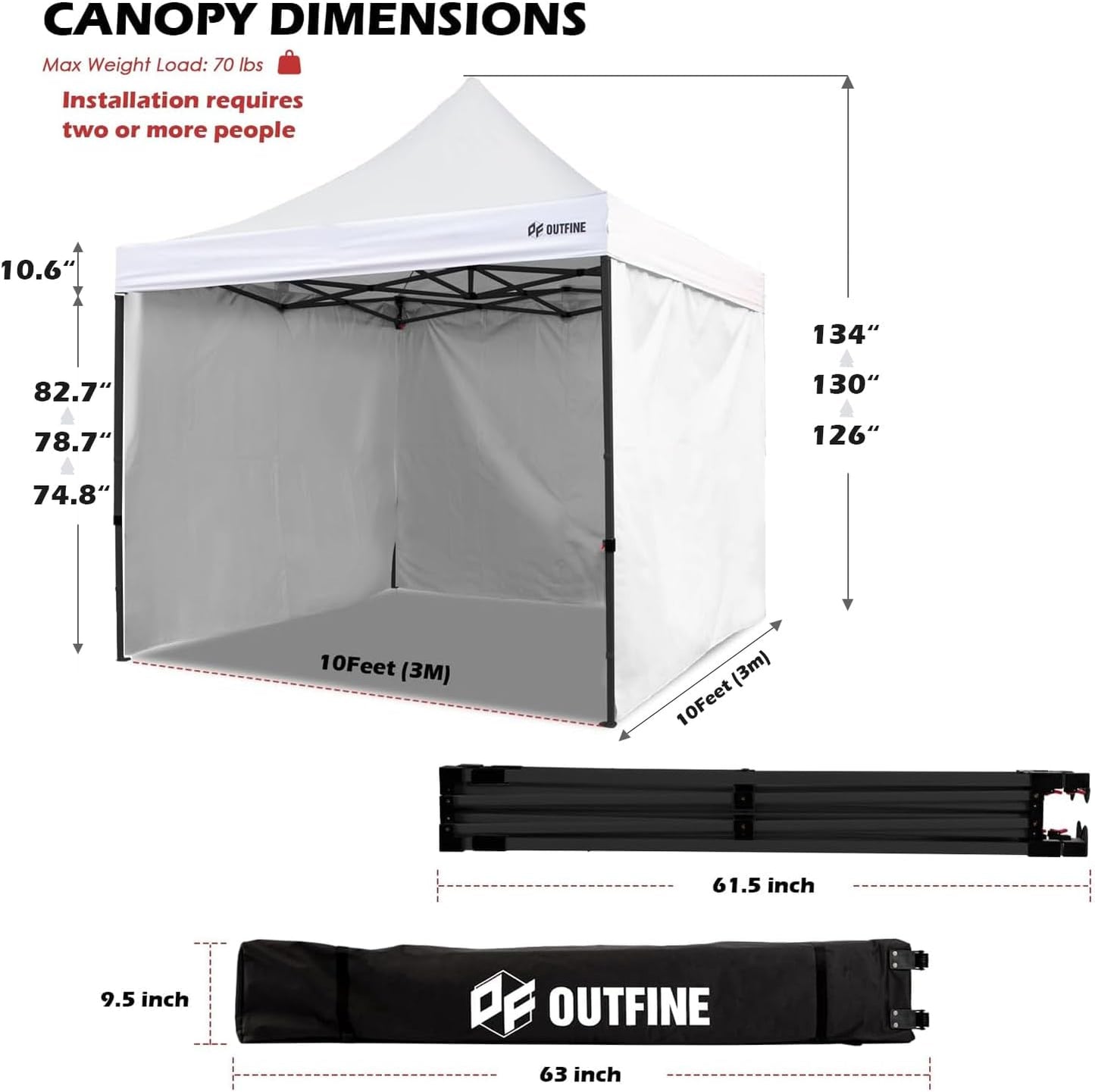 OUTFINE Heavy Duty Canopy 10x10 Pop Up Commercial Canopy Tent with 3 Side Walls Instant Shade, Bonus Upgrade Roller Bag, 4 Weight Bags, Stakes and Ropes (White, 10 * 10FT)