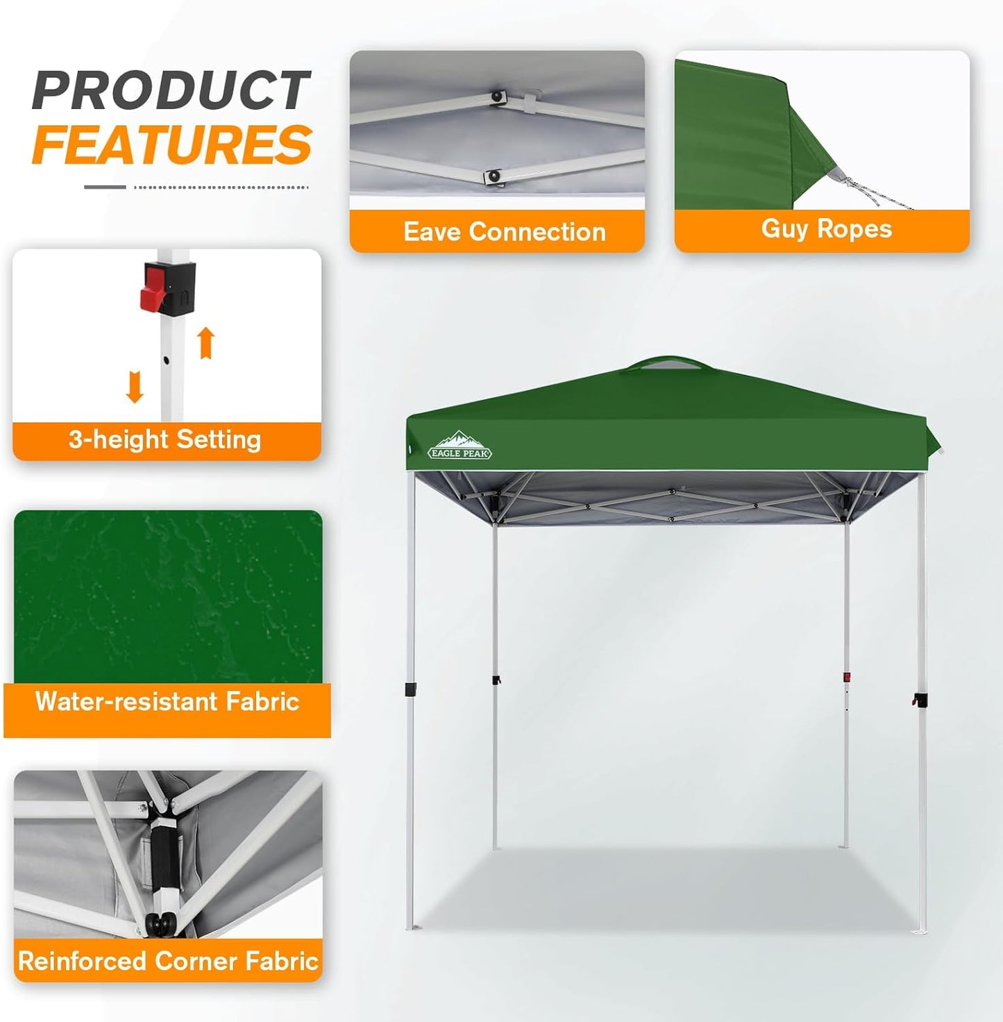 EAGLE PEAK Pop Up Canopy Tent with Wheeled Carry Bag, 8 Stakes, 4 Ropes, Easy Set Up Tent Canopy, 6.6x6.6 ft, Green