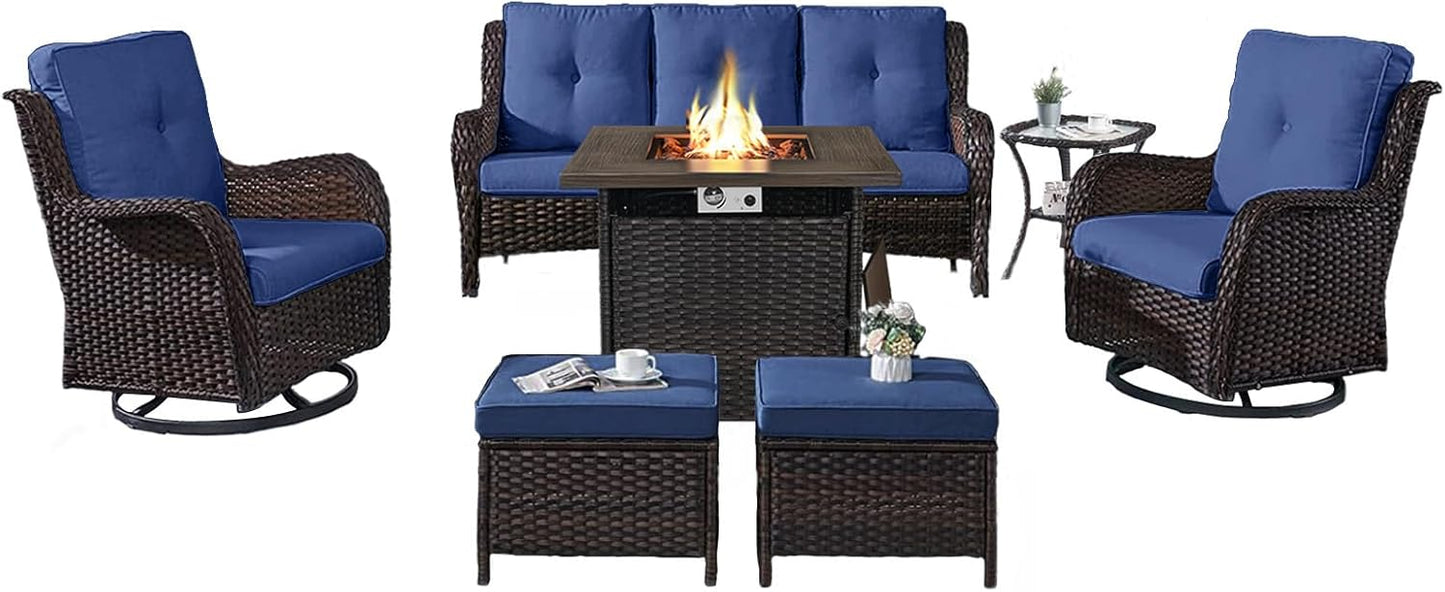 Outdoor Patio Furniture Set with Propane Fire Pit Table, 7 Pieces Wicker Patio Conversation Set with 2 Swivel Glider Rocker Chairs Rattan Sofa Blue Cushion Perfect for Casual Gathering