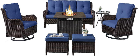 Outdoor Patio Furniture Set with 50000BTU Propane Fire Pit Table, 7 Pieces Wicker Patio Conversation Set with 2 Swivel Glider Rocker Chairs Rattan Sofa Blue Cushion Perfect for Casual Gathering
