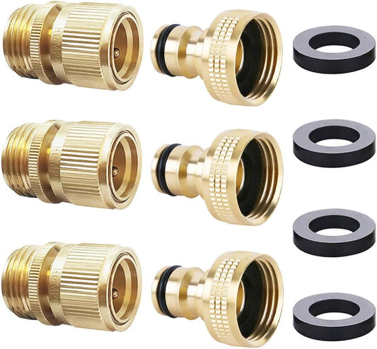 HQMPC Garden Hose Quick Connector Water Hose Quick Connect ¾ inch GHT Brass Easy Connect Fitting Quick Connect Hose Fittings Garden Hose Fitting Water Hose Connectors (3SETS)