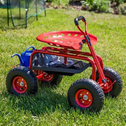 Sunnydaze Garden Seat with Wheels and Adjustable Handle, Red