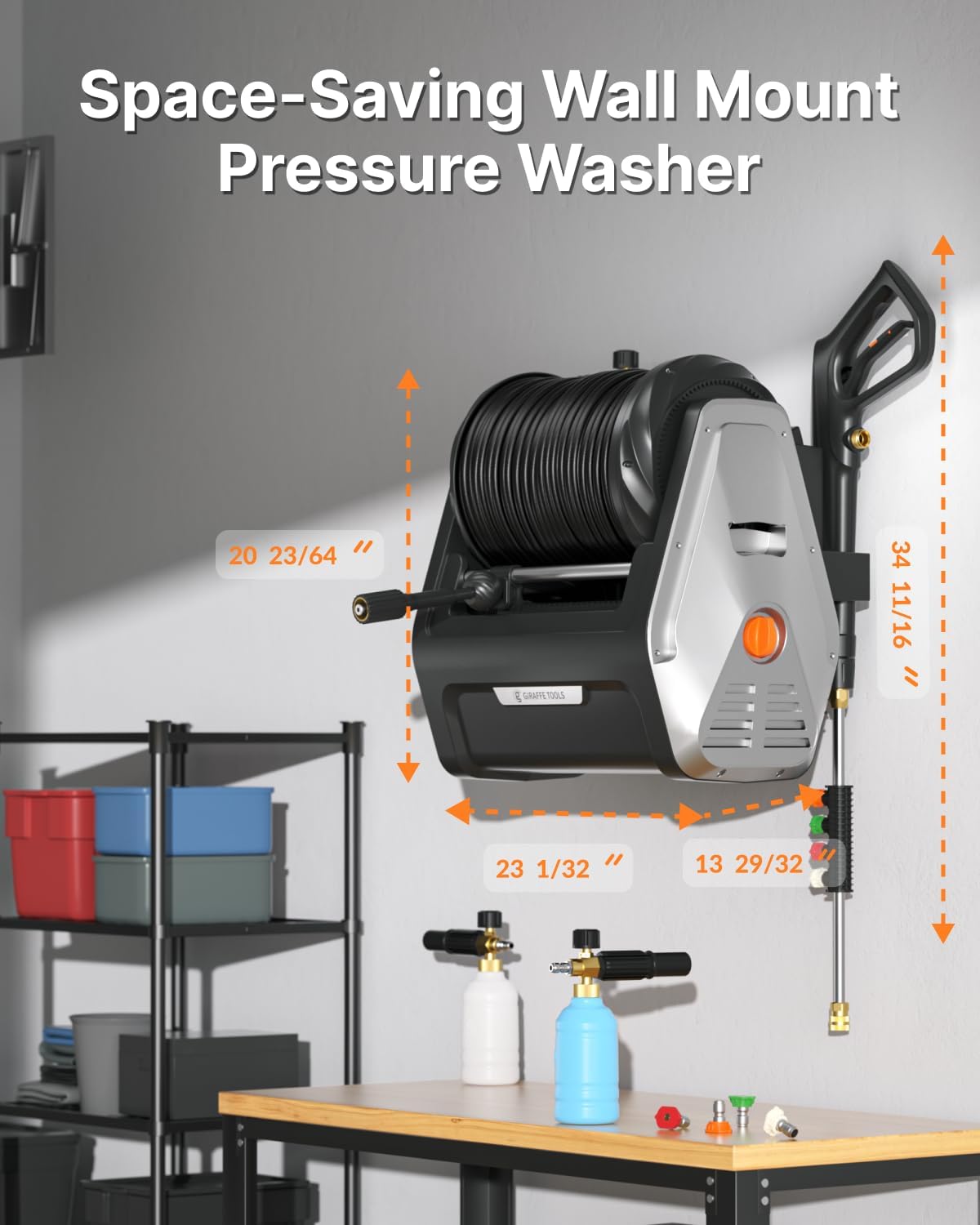 Giraffe Tools Wall Mounted Pressure Washer G30 with Upgraded 1800W Motor, Max 2900 PSI, 2.2 GPM Electric Power Washer with 100ft Retractable Black Pressure Hose, Automatic Rewind, Light Silver