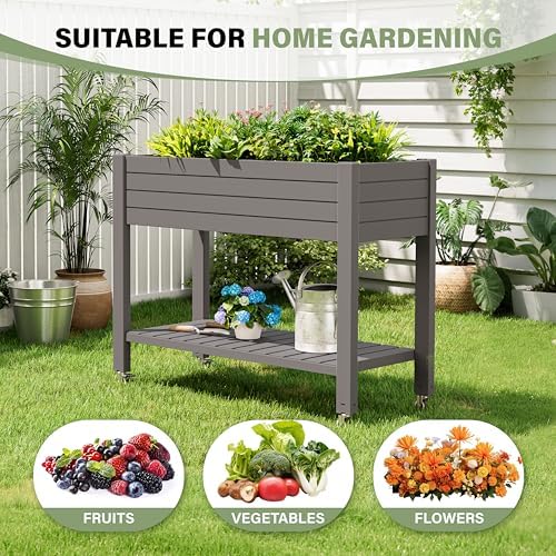 Elevate 33.7" Tall Raised Garden Bed with Wheels, Divisible Resin Planter Box with Drainage Gauge & Storage Shelf, Herb Planter for Garden Patio Backyard, Medium Gray (33.7" h)