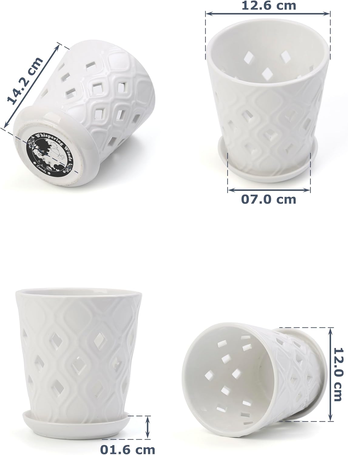 Whispering Winds Ceramic 5 x 6 Inch Orchid Pot with Holes & Saucer for Aeration and Drainage - Decorative Orchid Pots for Repotting, Prevent Over Watering & Root Rot (Carrara White)