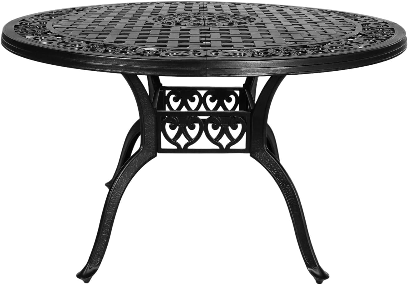 Cast Aluminum Patio Table,48" Round Patio Dining Table for 4-6 Person with Umbrella Hole,Metal Patio Table Outdoor Round Bistro Dining Table for Garden,Yard,Black