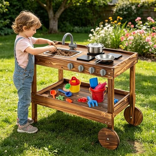 HONEY JOY Mud Kitchen with Wheels - Fir Wood Outdoor Play Kitchen for Toddlers, Garden Sink, Stoves, Storage Shelf, Kids Outdoor Backyard Kitchen Playset