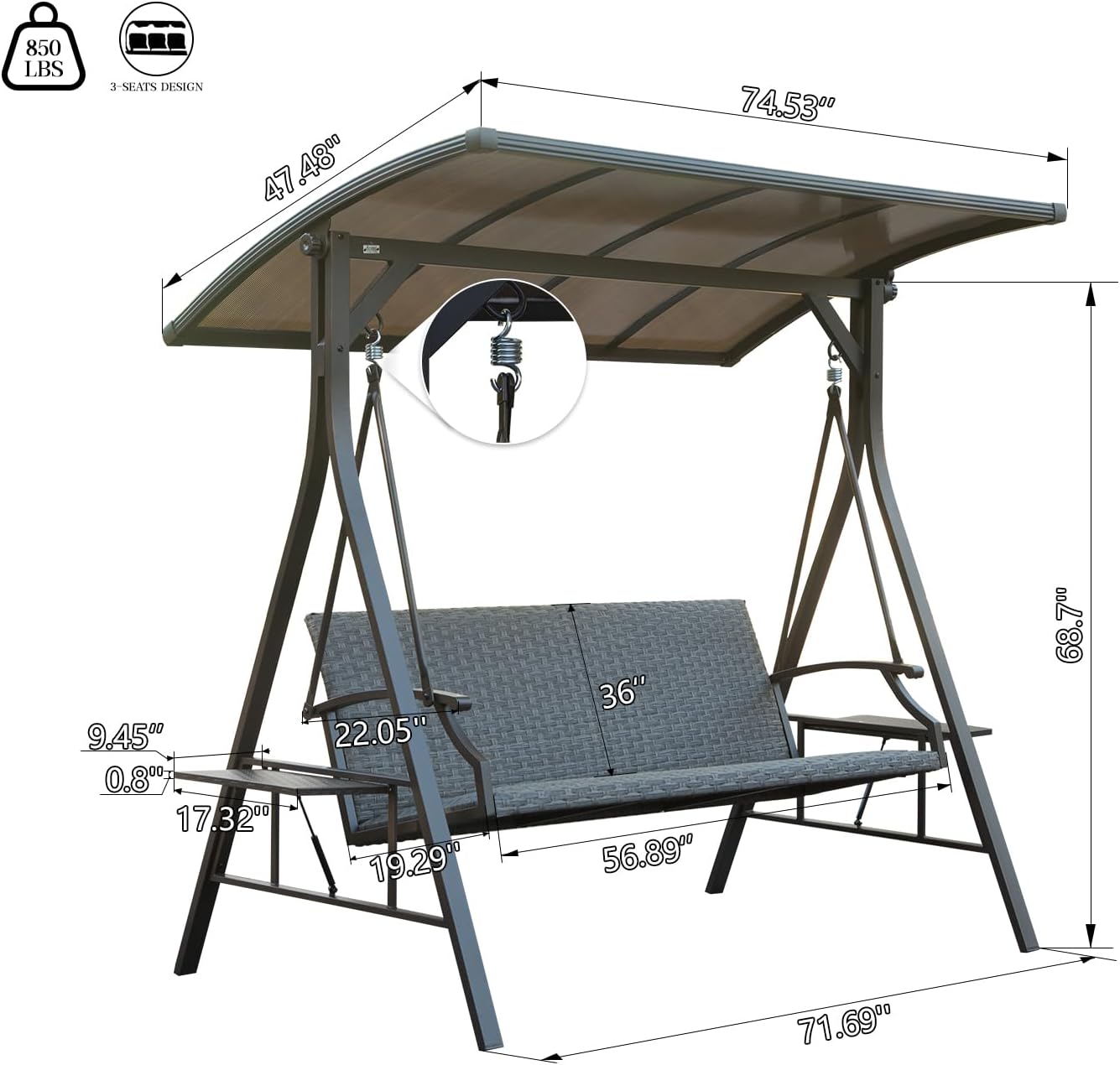 Domi 3-Seat Outdoor Porch Swing w/Adjustable Polycarbonate Hardtop and Side Table, Wicker Patio Swing Chair Bench with Steel Frame and Quick-Drying Foam Seat, Perfect for Backyard Garden and Lawn