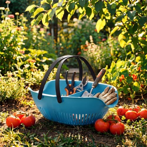 Nuogo 3 Pcs Garden Harvest Basket with Dividers Tool Caddy, Blue, Black