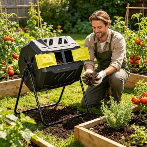 Compost Bin Outdoor - 42.3 Gallon Dual Chamber Tumbling Composting Bin, Composter Tumbler, Rotating Compost Bins with Steel Frame and 2 Sliding Doors for Garden Kitchen Yard Yellow