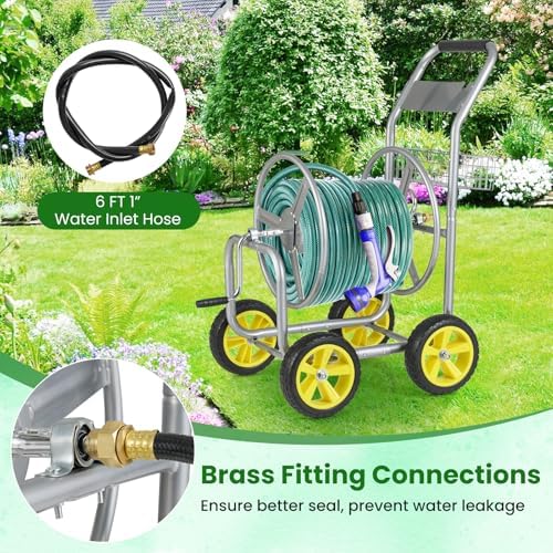 Goplus Garden Hose Reel Cart, 300 ft 5/8" or 400 ft 1/2", Heavy-Duty Metal Hose Cart w/ 4 Wheels, Storage Basket, Portable Water Hose Organizer for Yard Planting Lawn