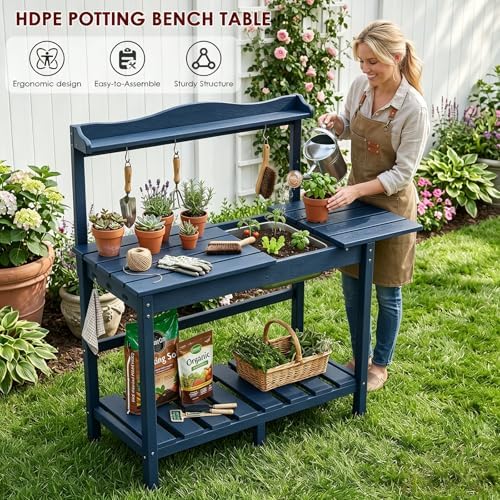 HDPE Outdoor Potting Bench with Sliding Tabletop & Removable Sink