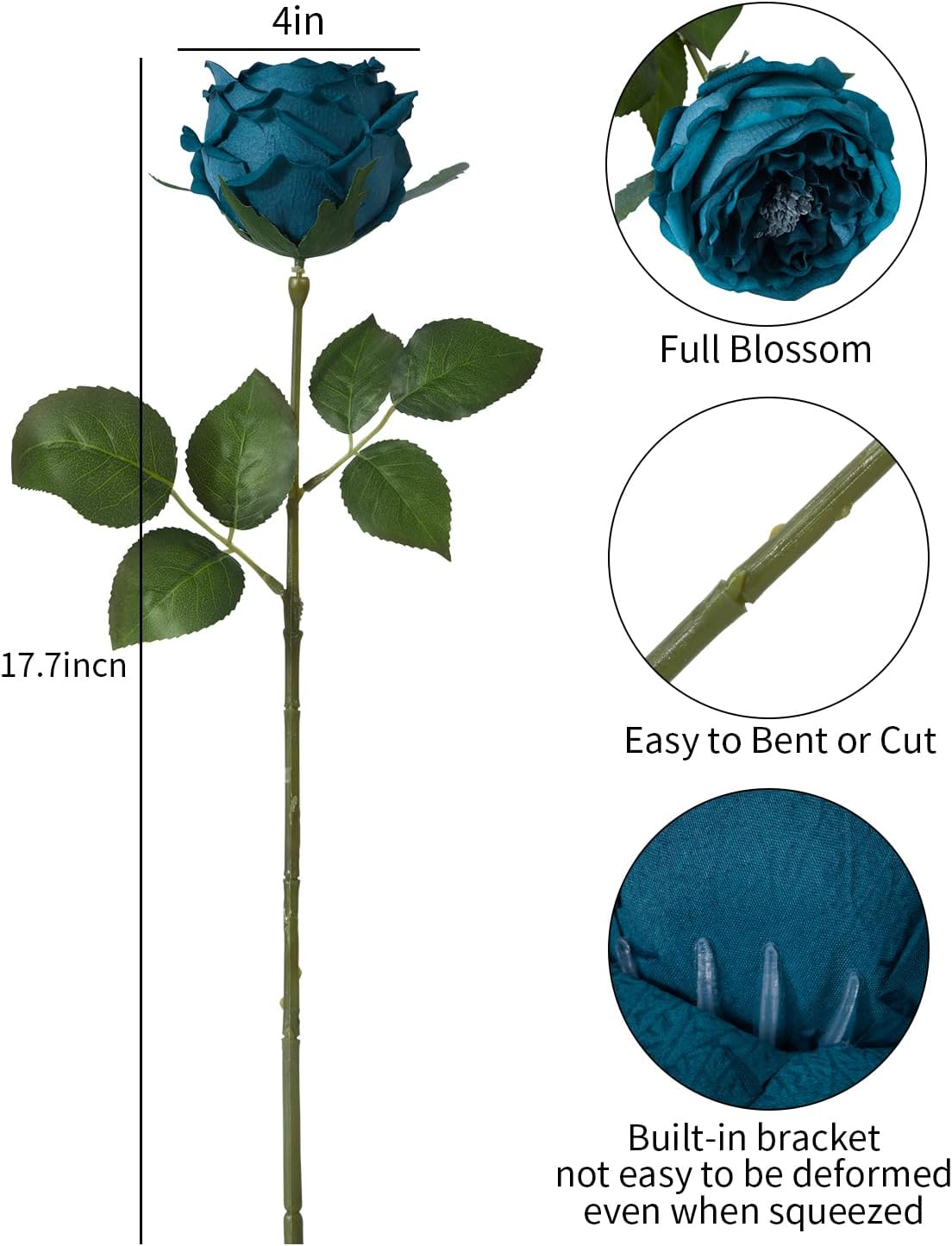 DuHouse 5Pcs Silk Roses Fake White Roses with Stems Real Touch Rose Artificial Flowers for Arrangement Wedding Party Home Decoration(Peacock Blue)