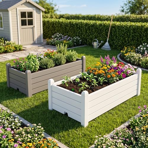 Raised Garden Bed, Self-Watering Resin Planter Box, Planter Boxes Outdoor with Drain Plug for Vegetables, Flowers, Plants(Ashen)