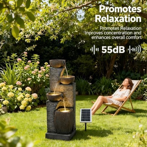 38.2" Outdoor Solar Water Fountain 4 Tiers Stone Texture Modern Fountains