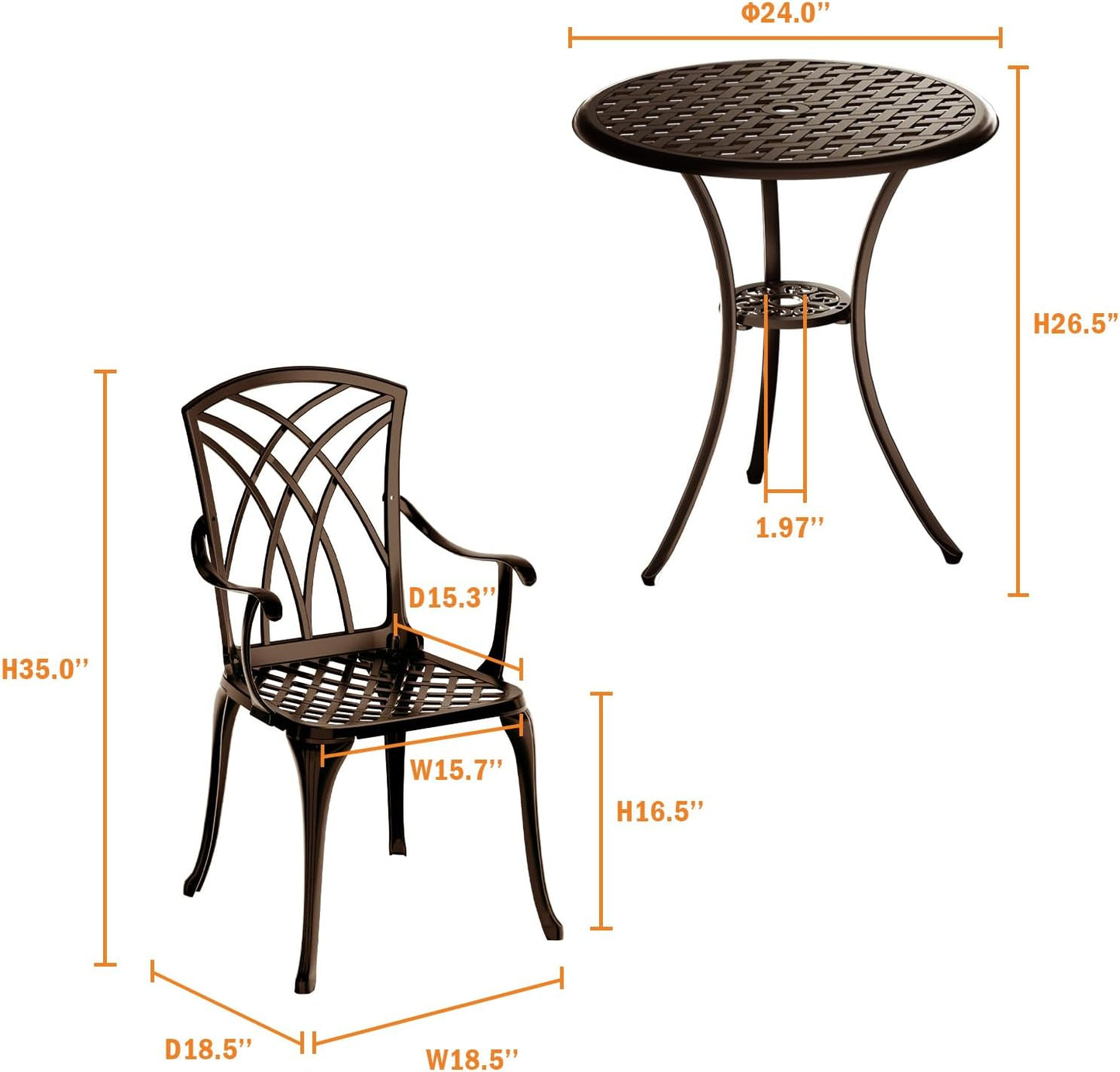 Patio Bistro Set 3 Piece, Cast Aluminum Bistro Set for 2 w/Umbrella Hole, Outdoor Table and Chairs Set of 2, Bistro Set for Balcony/Backyard/Garden, Bronze
