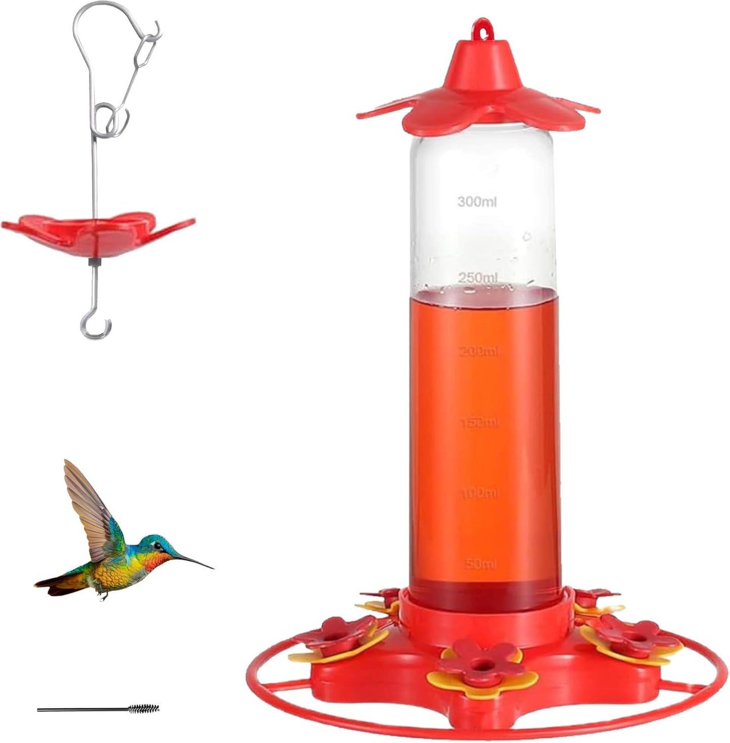 Hummingbird Feeders for Outdoors Hanging - 5 Feeding Ports 320 ml Plastic Hummingbird Feeder, Bee-Proof Leak-Proof No Drip, Easy to Clean with Cleaning Brush