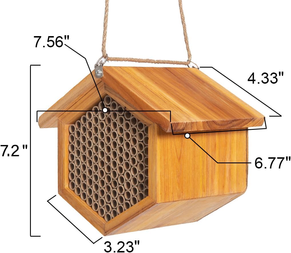 Mason Bee House Wax Coated Bee Hotel, Pollinator House Waterproof, Natural Handmade Wooden Mason Bee Hotel for Pollinating Bees Garden Supplies