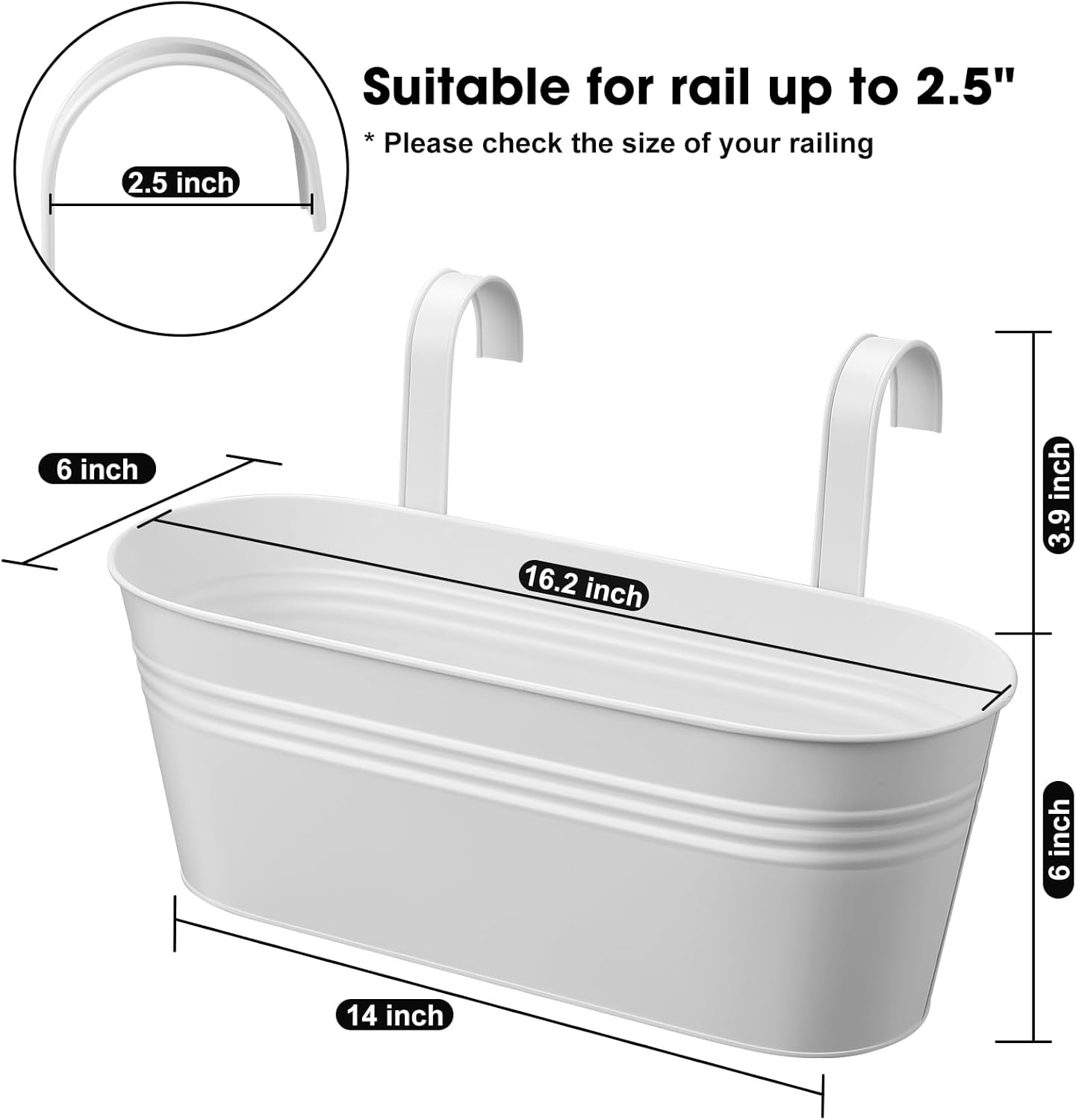 3 Pcs Large Balcony Planters Railing Hanging Flower Pots- 16.2 Inch Metal Railing Planter Box Fence Planters for Outdoor Plants with Detachable Hooks and Drain Holes for Garden Decor (White-16.2inch)