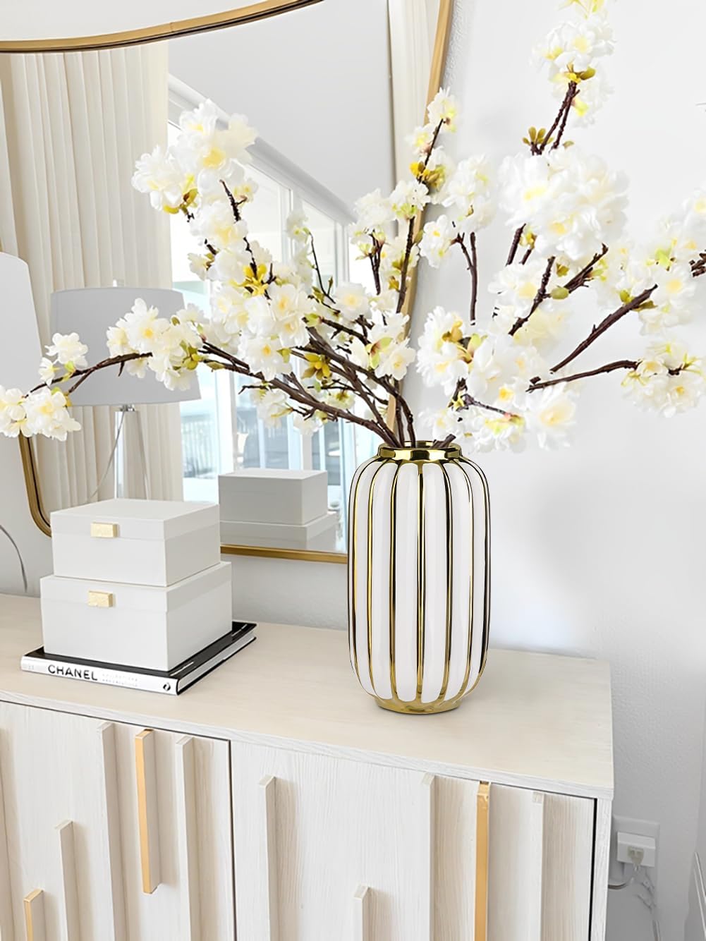 Briful Gold Plated Lantern Ceramic Vase Home Decor Creative Design Porcelain Decorative Flower Vase 11.02'' White Ceramic Vases for Wedding Anniversary Decoration