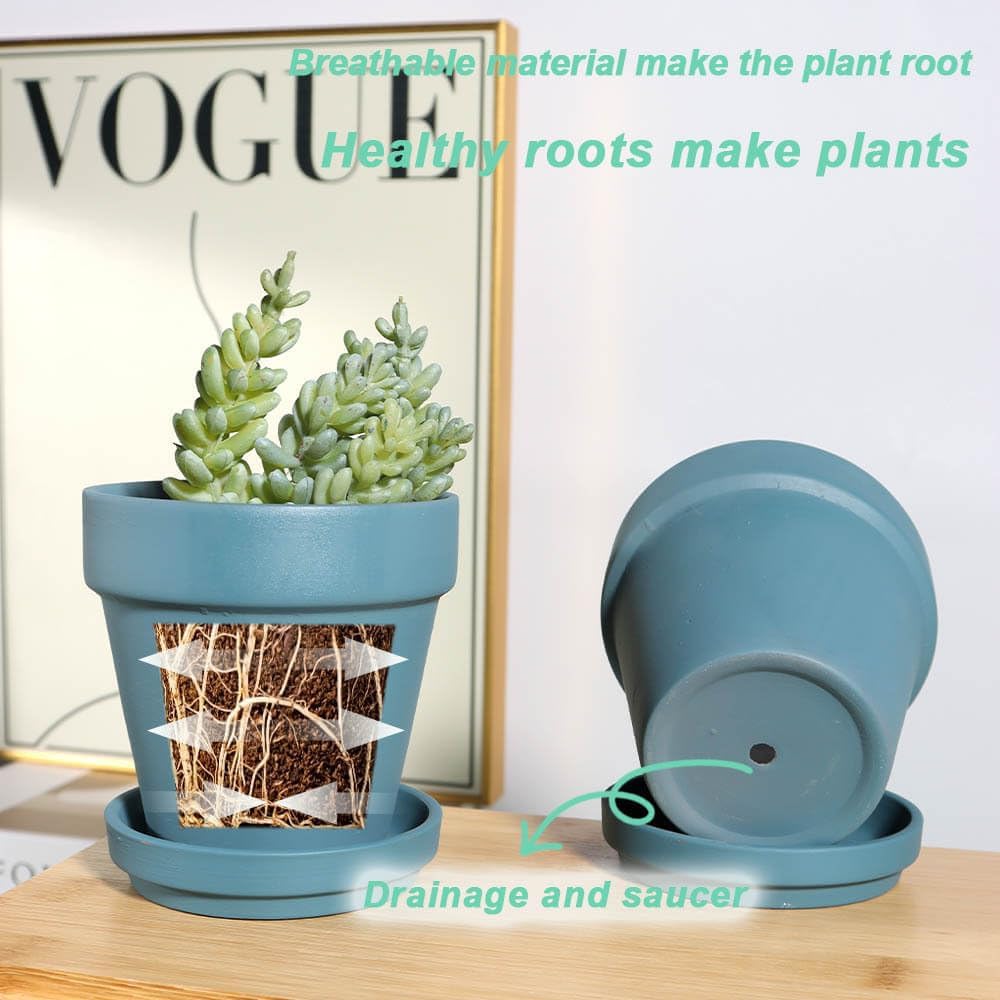 vensovo 6 Inch Steel Blue Terracotta & Clay Pots for Plant with Saucer - 4 Pack Medium Terra Cotta Planter with Drainage Hole, Flowerpot for Indoor Outdoor Plants, Crafts, Wedding Favor