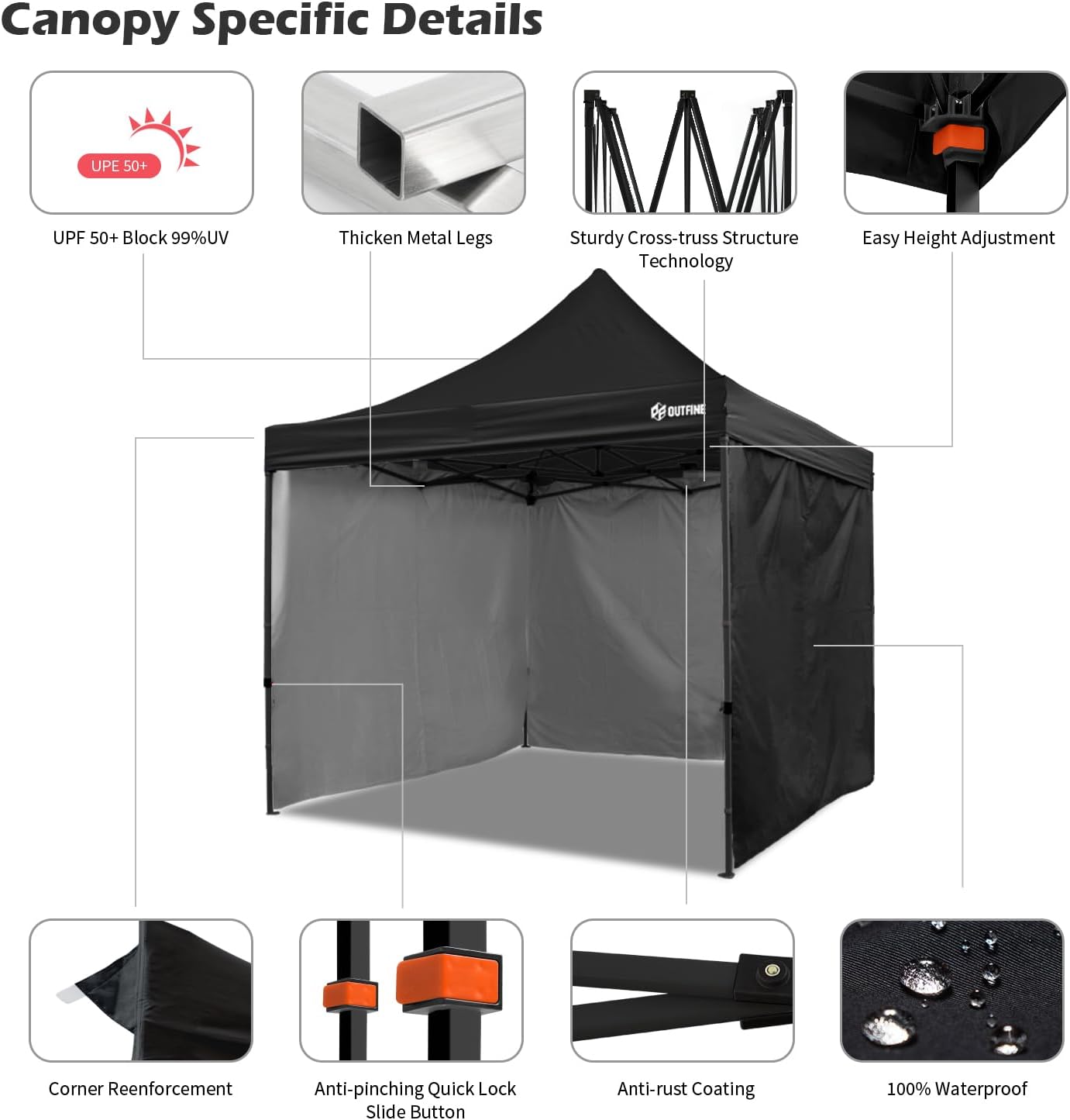 OUTFINE Heavy Duty Canopy 10x10 Pop Up Commercial Canopy Tent with 3 Side Walls Instant Shade, Bonus Upgrade Roller Bag, 4 Weight Bags, Stakes and Ropes (Black, 10 * 10FT)