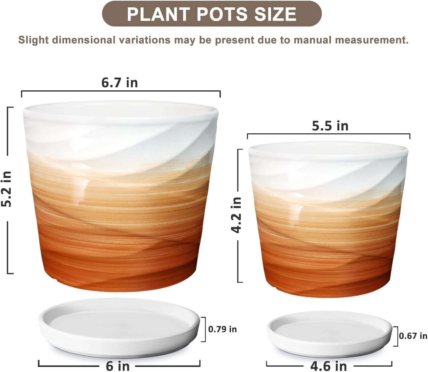 6.7 + 5.5 Inch Plant Pot, Ceramic Planter with Drainage and Saucer，Ceramic Pots for Plants, Indoor Plant pots，planters for Indoor Plants(Khaki + White)