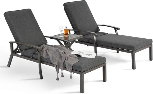 Outdoor Chaise Lounge 3 Pieces Set, 1 Side Table & 2 Aluminum Lounges with 5-Level Adjustable Backrest & Wheels for Poolside, Backyard, Grey Cushion
