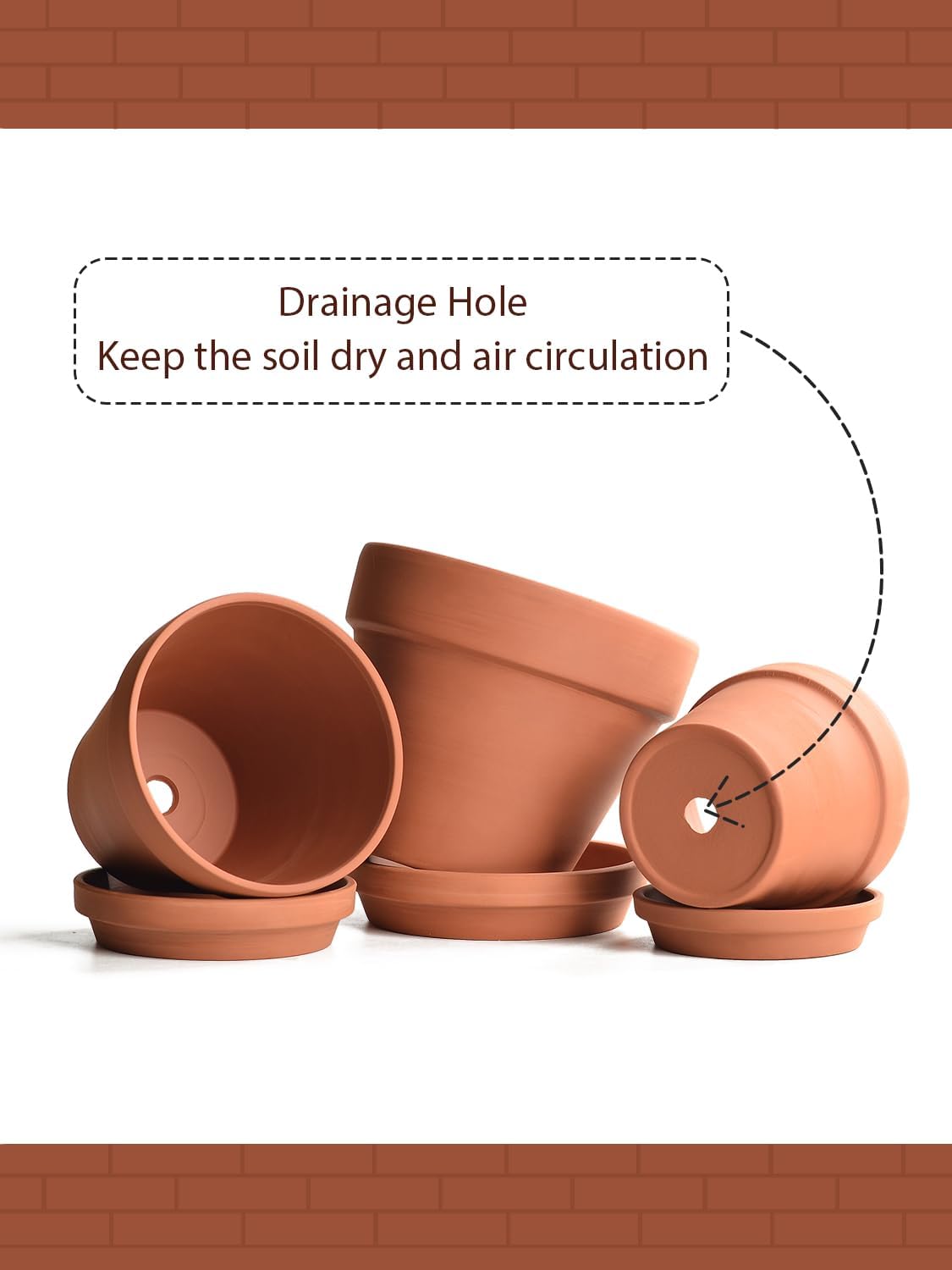 INGOFIN Terracotta Pots Set with Saucer - 5/6/7 inch Ceramic Clay Planters with Drainage Hole, Garden Flower Succulent Pots with Tray for Indoor Outdoor Plants, Set of 3