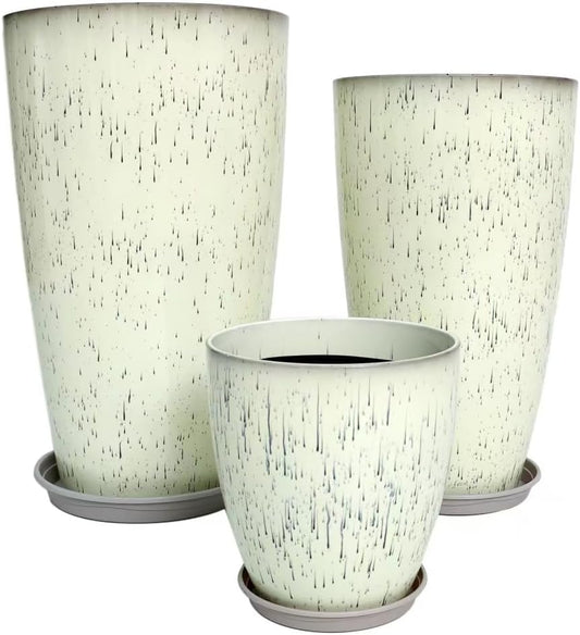 24,21,11 Inch Large Plastic Planters with Drainage Hole and Saucer - Set of 3 Tall Plant Pots Indoor Flower Pot Tall Round Planters Outdoor Large Tall Planter