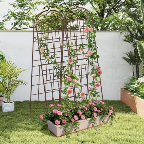 82.7 x 80in Rustic Iron Arch Decoration Garden Trellis with Brown Metal Coating – Perfect for Supporting Climbing Plants Outdoor, Roses, Vines, Flowers, and Vegetables.
