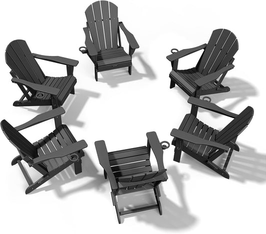 MUCHENGHY Folding Adirondack Chairs 6 Pack, Patio Chairs, Fire Pit Chairs, Outdoor Chairs, Plastic Adirondack Chairs, Lawn Chairs Weather Resistant with Cup Holder for Deck, Backyard, Garden(Black)
