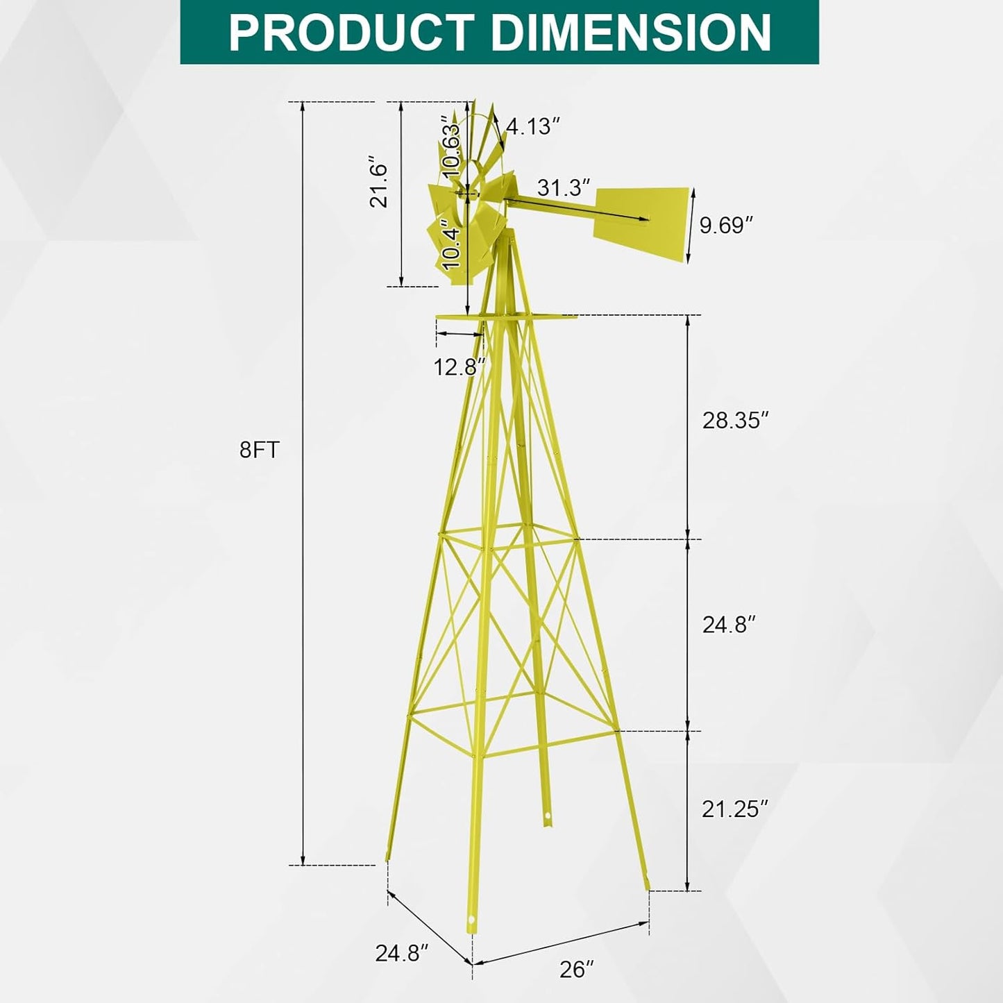 8ft Garden Windmill, Heavy Duty Metal Weather Vane for Backyard, Ornamental Windmill for Yard Weather Resistant (Yellow, 8FT)