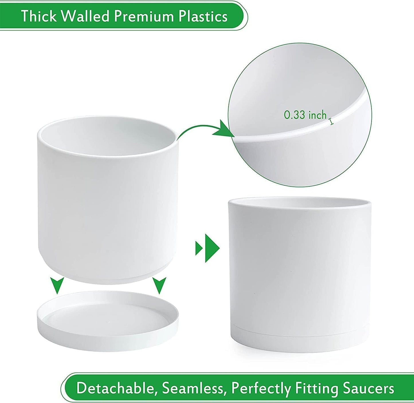 D'vine Dev 2 Pack 12 Inch Modern Plastic Plant Pots, Small Garden Planters for Plant with Drainage Holes and Saucers, White Color, 74-Z-P-1