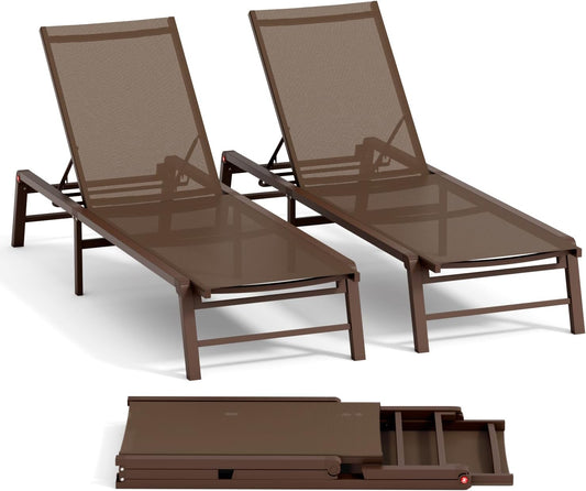 Aluminum Chaise Lounge Chair Outdoor, Foldable Patio Lounge Chair 2 Sets Assemble-Free, Pool Lounge Chairs with 5 Adjustable Backrest, Outdoor Lounge Chairs for Outside Poolside Beach Lawn Brown